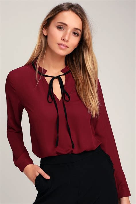 Chic Burgundy Blouse Long Sleeve Blouse Tie Neck Blouse Lulus