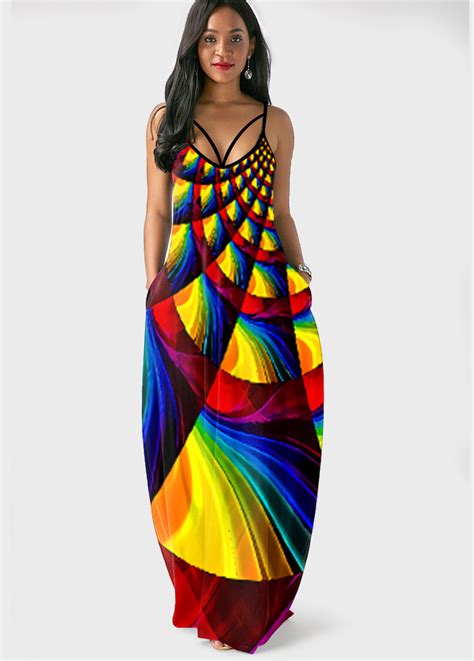 Rainbow Color Geometric Print Side Pocket Maxi Dress Rosewe Usd