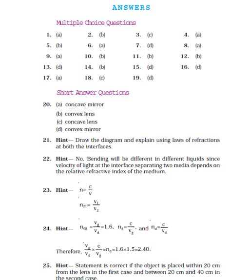 Ncert Class 10 Science Light Reflection And Refraction Answers