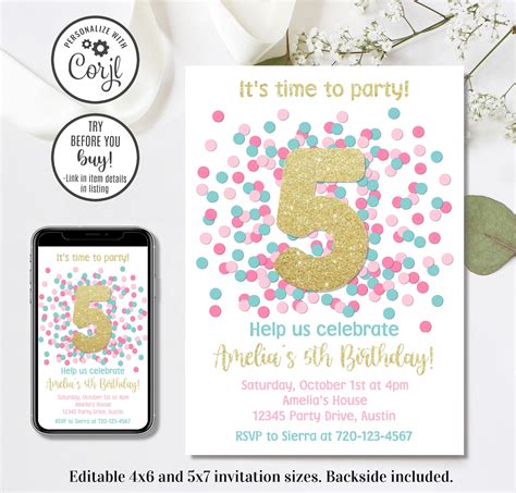 Editable 5th Birthday Invitation Fifth Birthday Invitation 4x6 And 5x7 Etsy