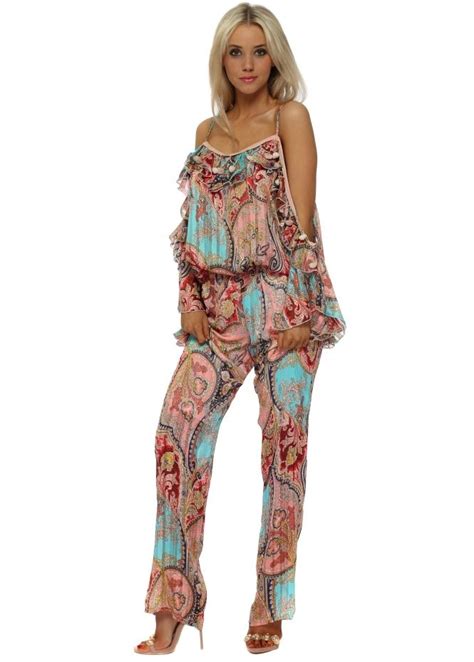 Aqua And Pink Paisley Cold Shoulder Jumpsuit Paisley Print Jumpsuit