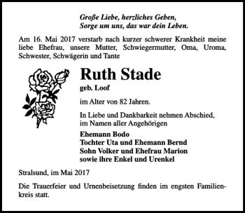 Traueranzeigen Von Ruth Stade Trauer Anzeigen De