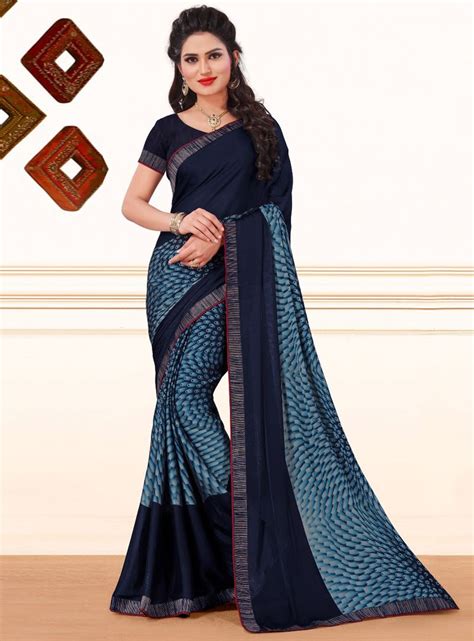 Navy Blue Crepe Printed Saree With Blouse 103787 Indian Silk Sarees