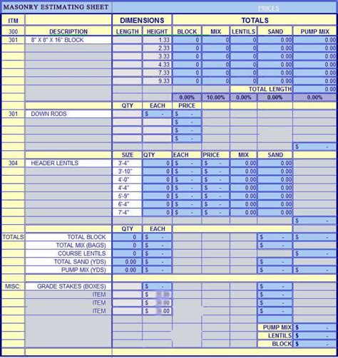 Masonry Estimating Sheet