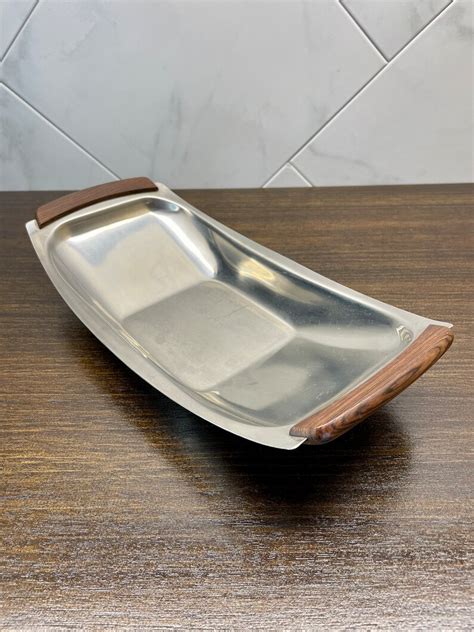 Vintage Selandia Denmark Stainless Steel Serving Dish Wood Trim