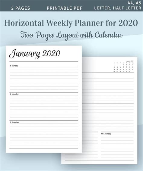 Horizontal Weekly Planner Printable 2023 2024 Diary Two Etsy