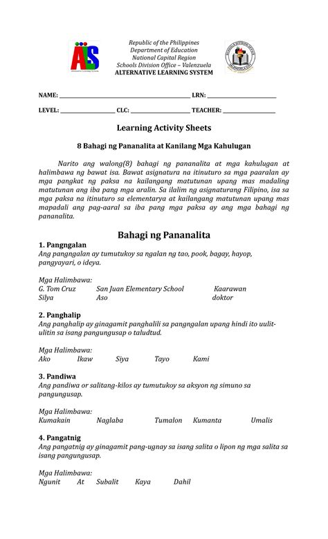 Ls 1 Bahagi Ng Pananalita Republic Of The Philippines Department Of Education National Capital