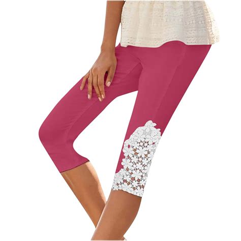 Women Capris High Waist Stretch Cropped Leggings Lace Hem Cute Capri Pants For Casual Yoga