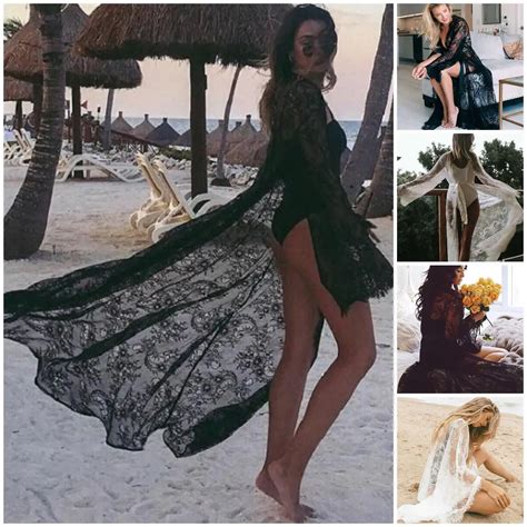 Women Lace Hollow Crochet Swimwear Bikini Long Sleeve Cover Up Beach