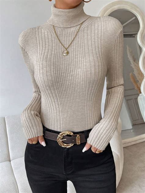 Shein Priv Solid Ribbed Knit Turtleneck Sweater Shein Usa