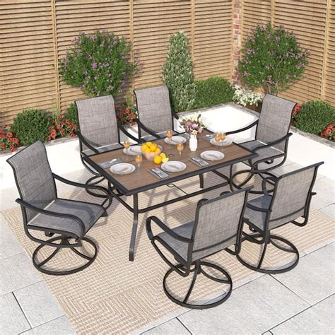 PHI VILLA Black 7 Piece Metal Outdoor Patio Dining Set With Wood Look