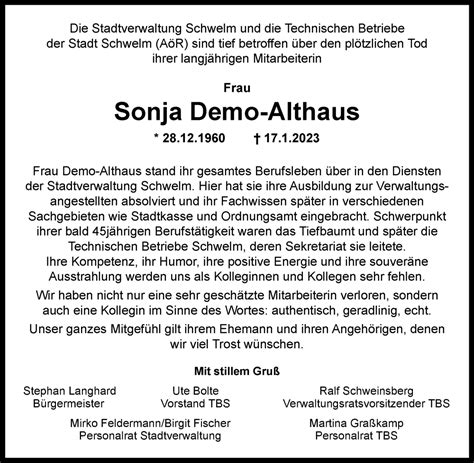 Traueranzeigen Von Sonja Demo Althaus Trauer In NRW De