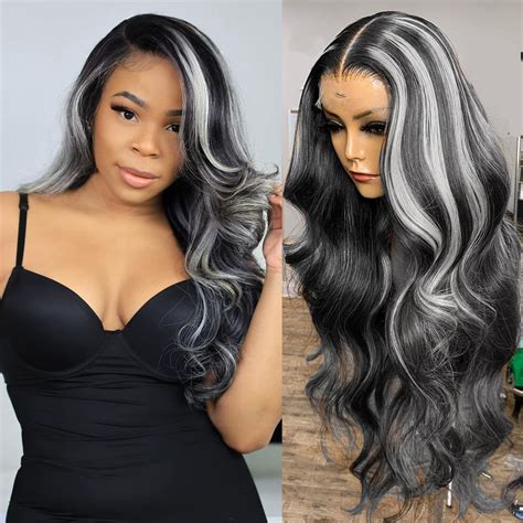 Buy SUPERNOVA Highlight Grey Wigs Human Hair for Black Women Grey Highlight Body Wave 5x5 Lace ...