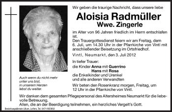 Traueranzeigen Von Aloisia Zingerle Trauer Bz