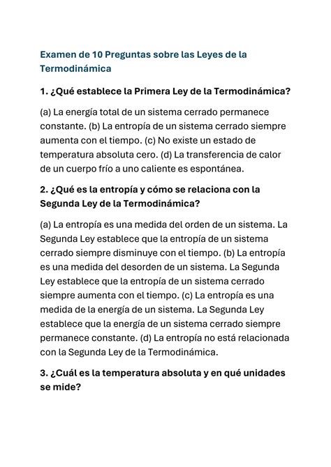 Solution Examen De Preguntas Sobre Las Leyes De La Termodin Mica