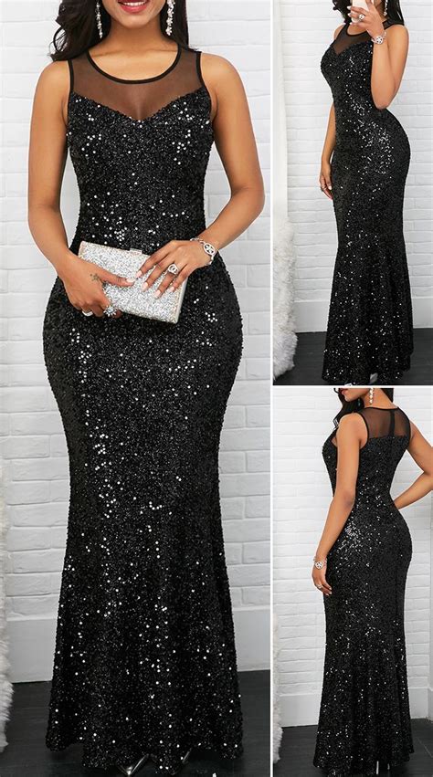 Sleeveless Black Mesh Panel Sequin Maxi Dress Dinner Dress Classy