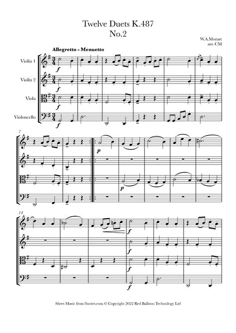 Mozart Twelve Duets K487 No2 Sheet Music For String Quartet