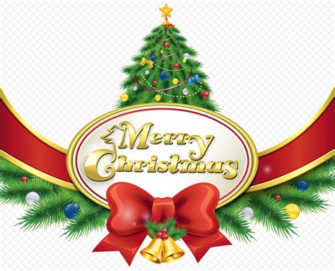 HD Merry Christmas Text With Tree & Ribbon Logo PNG | Citypng