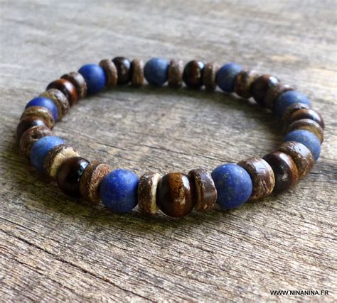 Bracelet Homme Lapis Lazuli Bleu Et Perle Bois Marron Ninanina