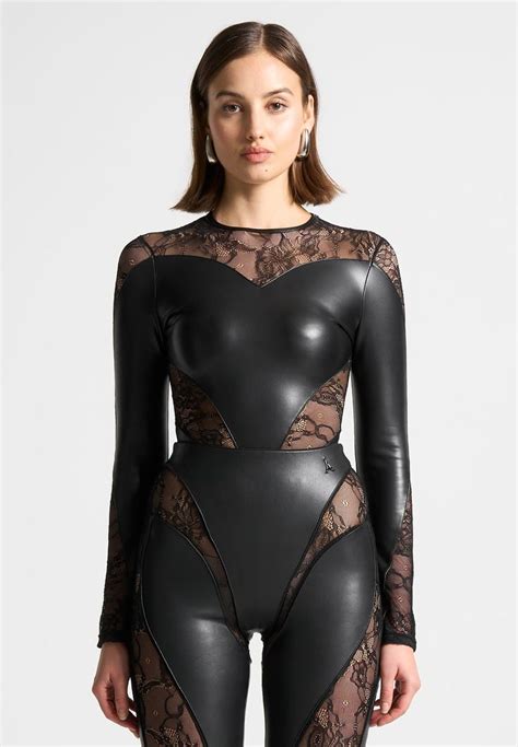 Vegan Leather And Lace Contour Bodysuit Black Manière De Voir Usa