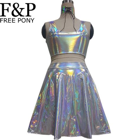 Holographic Choker Skirt Festival Rave Wear Clothes Outfits Crop Top