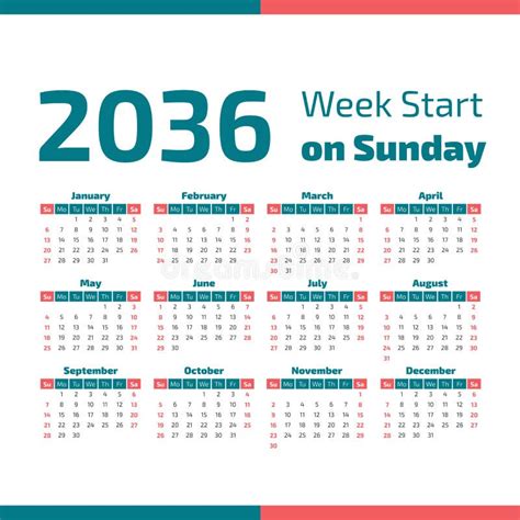 2036 Calendar With The Weeks Start On Sunday Stock Vector