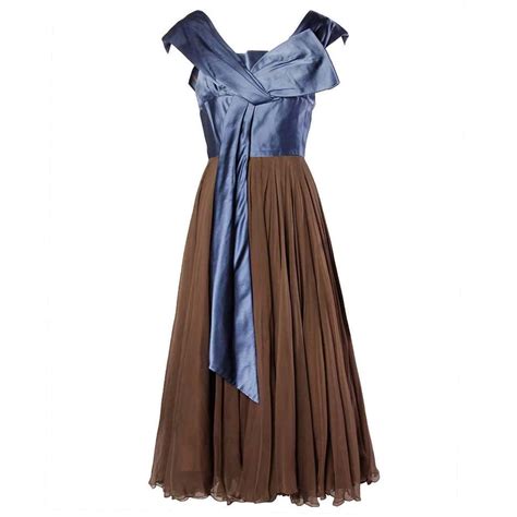 1950s Vintage Couture Silk Satin + Creamy Silk Chiffon Formal Dress For Sale at 1stDibs ...