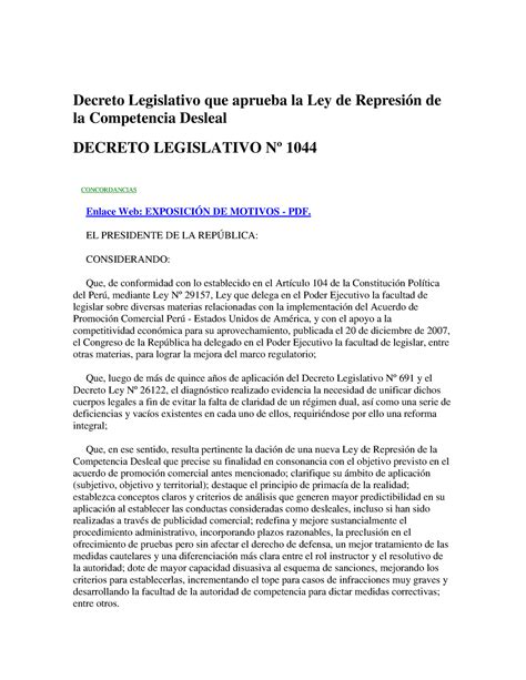 Decreto Legislativo 1044 Decreto Legislativo Que Aprueba La Ley De