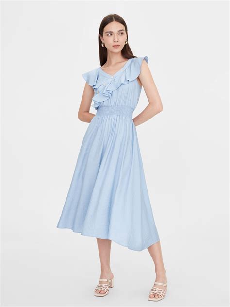 Ruffled Neck Elastic Waist Dress Blue Pomelo Fashion