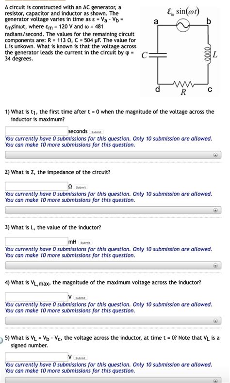 Solved A Circuit Is Constructed With An Ac Generator A Resistor Capacitor And Inductor As