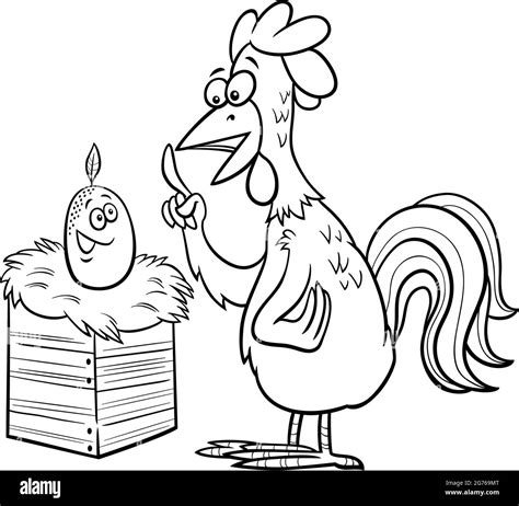 Black And White Cartoon Illustration Of Rooster And Egg Farm Animal