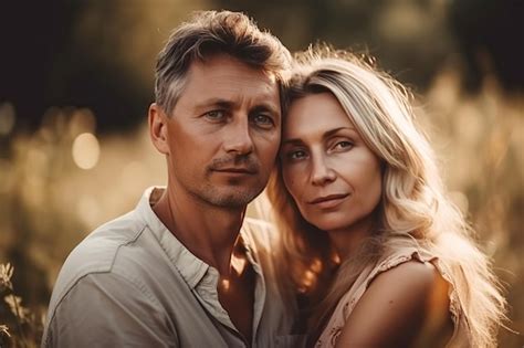 Pareja De Mediana Edad Enamorada Se Abraza En Verano En La Naturaleza