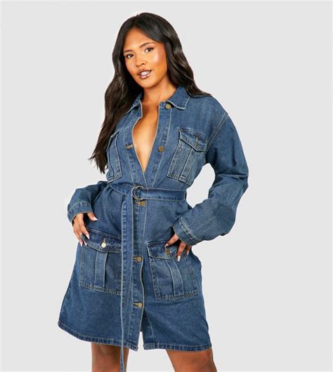 Buy Boohoo Utility Pocket Belted Denim Mini Shirt Dress In Blue