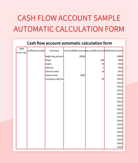 Cash Flow Account Sample Automatic Calculation Form Excel Template And