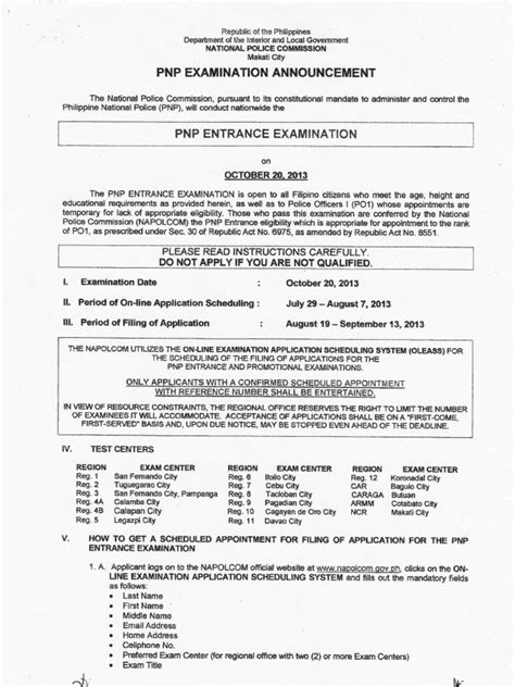 Pnp Entrance Exam Requirements Oct 2013 Pdf Test Assessment