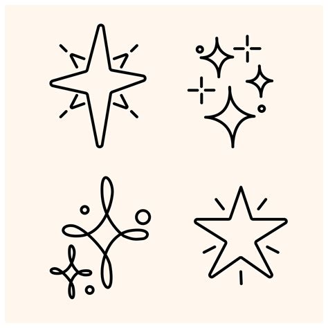 Line star glitter shine of doodle set. Star shine glow, spark glitter, sparkle light vector ...