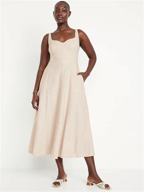 Fit And Flare Linen Blend Midi Dress Old Navy