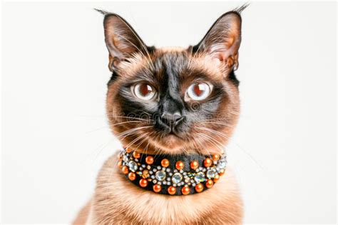 Elegant Siamese Cat With Sparkling Orange Collar Posing On White