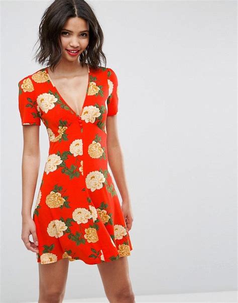 Asos Mini Tea Dress With V Neck And Button Detail In Red Floral Print