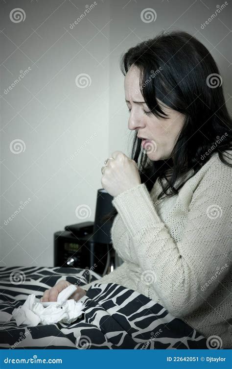 Woman In Bed Coughing Sneezing Into Hand Stock Image Image Of