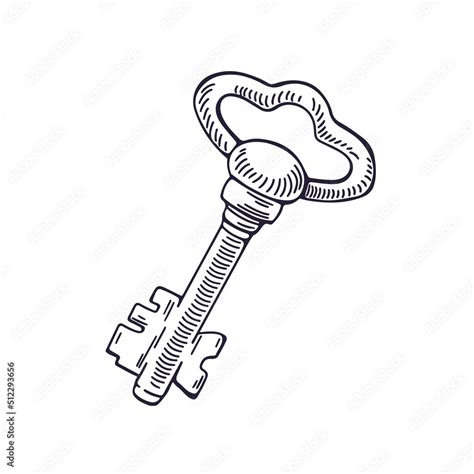 Vintage Drawing Of Old Ancient Door Key Outlined Black And White