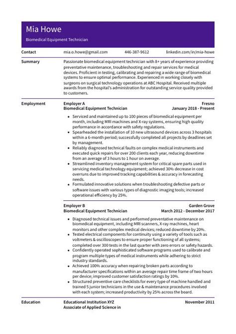 Biomedical Equipment Technician Resume (CV) Example and Writing Guide