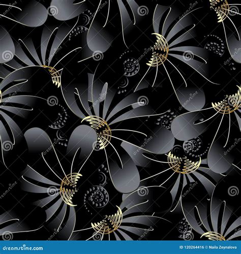 Ornate Dark Black Floral 3d Seamless Pattern Stock Vector