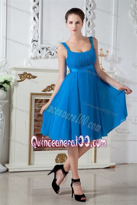 Teal Empire Straps Knee Length Chiffon Ruching Damas Dresses For Quince Quinceanera 100