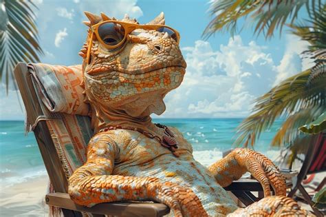 Hyperrealistic Dinosaur In A Bikini Soaking Up The Sun On A Beach Chair Surrounded By Vibrant