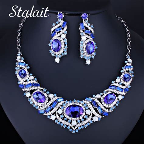 Dubai Zilveren Kleur Blauw Sieraden Sets Bruiloft Grandado