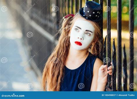 Little Mime Girl Shows Pantomime On The Street Stock Image Image Of