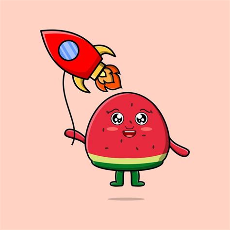 Premium Vector Cute Cartoon Watermelon Floating With Rocket Balloon Cartoon Vector Illustration