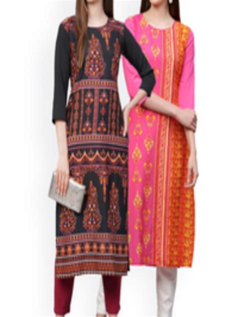 Buy Kalini Women Pack Of 2 Black And Pink Ethnic Motifs Printed Crepe Kurtas Kurtas For Women