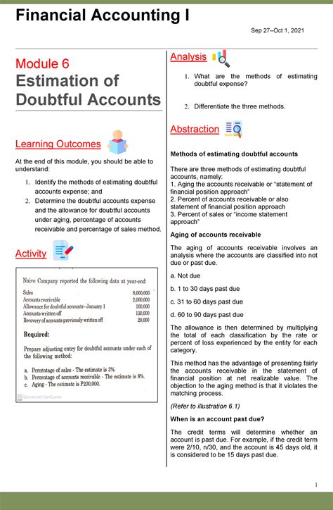 Module Estimation Of Doubtful Accounts Financial Accounting I Sep